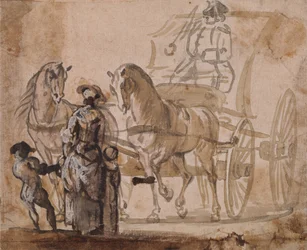 Een koets met een paar paarden en koetsier